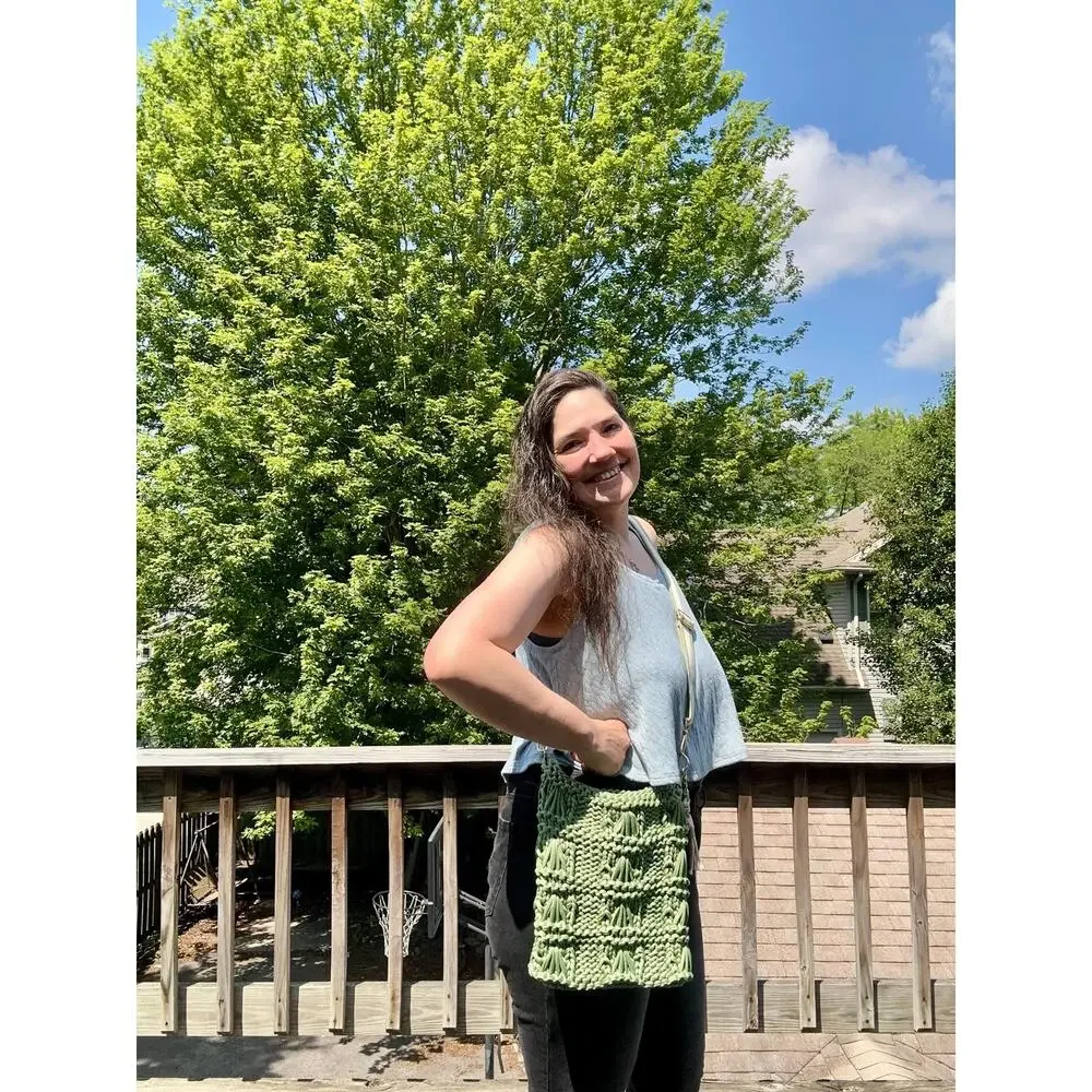Hand Knit Avocado Green Crossbody Bag: T-Shirt Yarn Purse with Guitar Strap